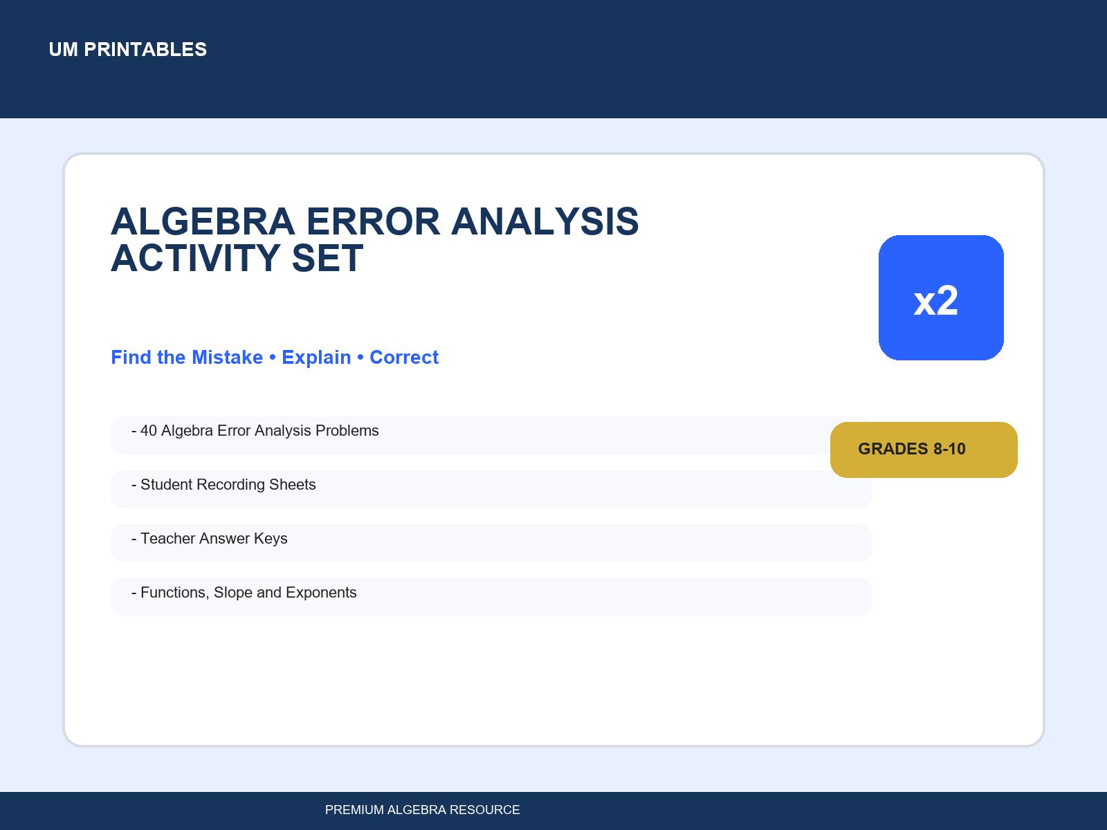Algebra Error Analysis Activity Set | Equations, Slope, Exponents & Functions โ printable teaching resource preview