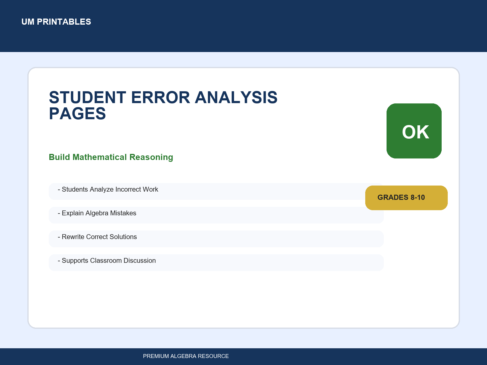 Algebra Error Analysis Activity Set | Equations, Slope, Exponents & Functions — premium printable preview image 2